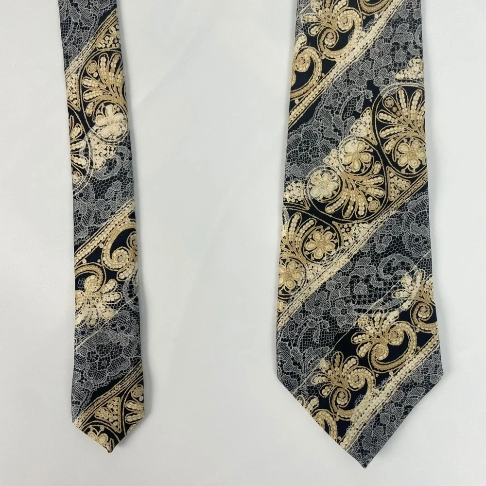Christian Lacroix Tie Floral Lace Print Stripe Silk Necktie Made in Italy Formal